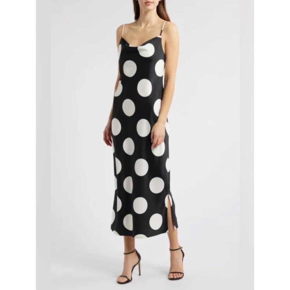Anne Klein Womens Size 0 Black White Polka Dot Slip Dress Side Slit Midi NWT